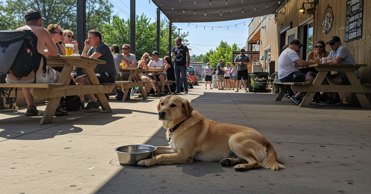A friendly dog resting beside a water bowl on a shaded brewery patio with people enjoying beers