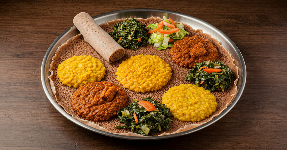 A traditional Ethiopian platter of injera topped with colorful stews