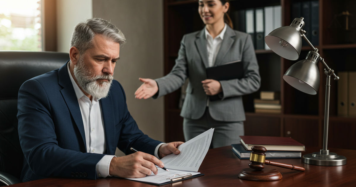 A person reviewing legal documents and shaking hands with a St. Louis lawyer across a desk