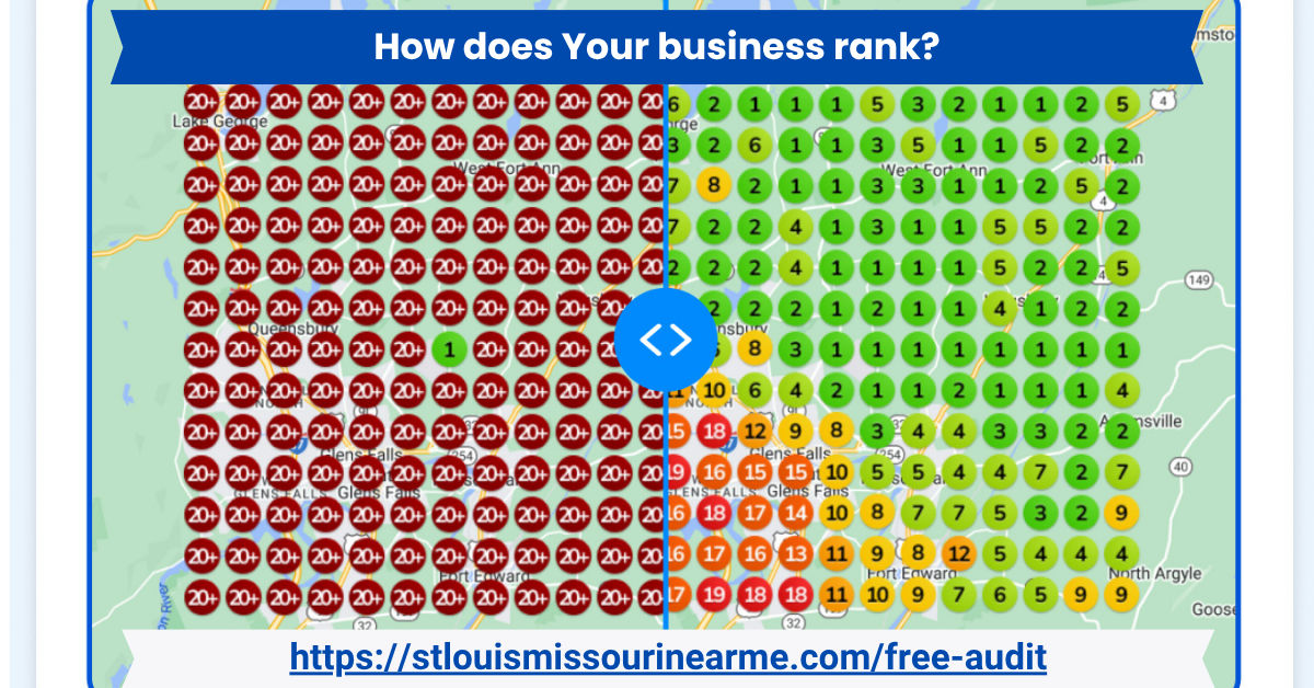 A grid heat map showing how a St Louis business ranks from green (strong) to red (invisible) across different neighborhoods