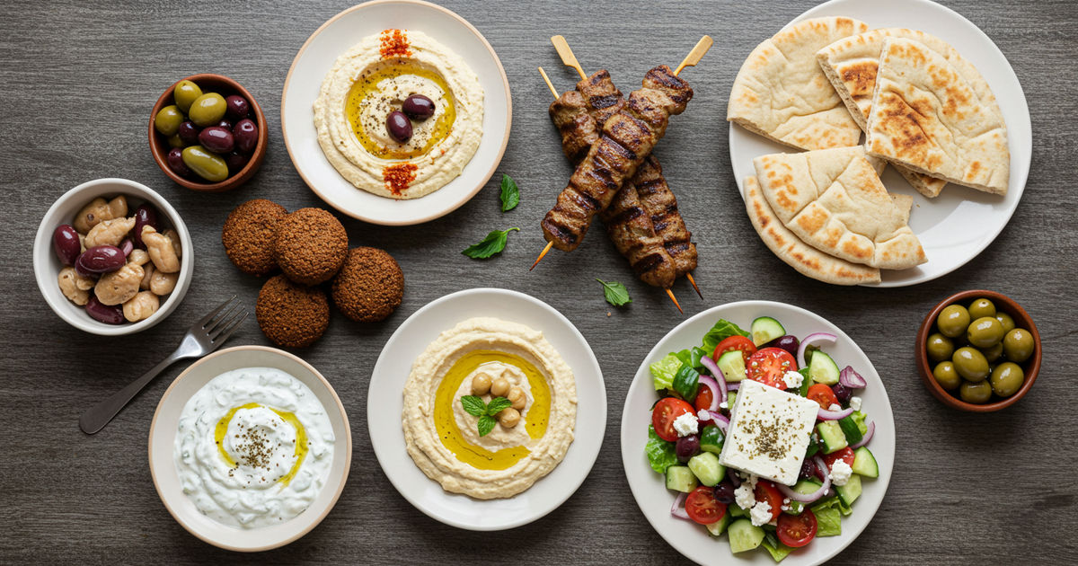 A Mediterranean mezze spread with hummus, falafel, souvlaki, and pita