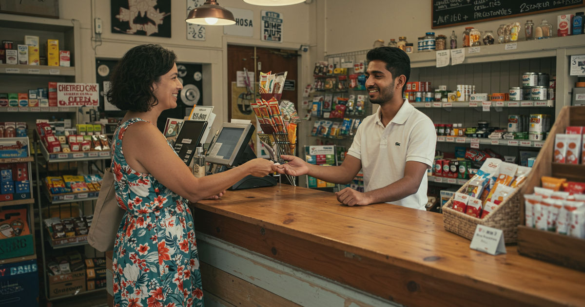 A happy repeat customer being greeted by name at a local St. Louis shop counter