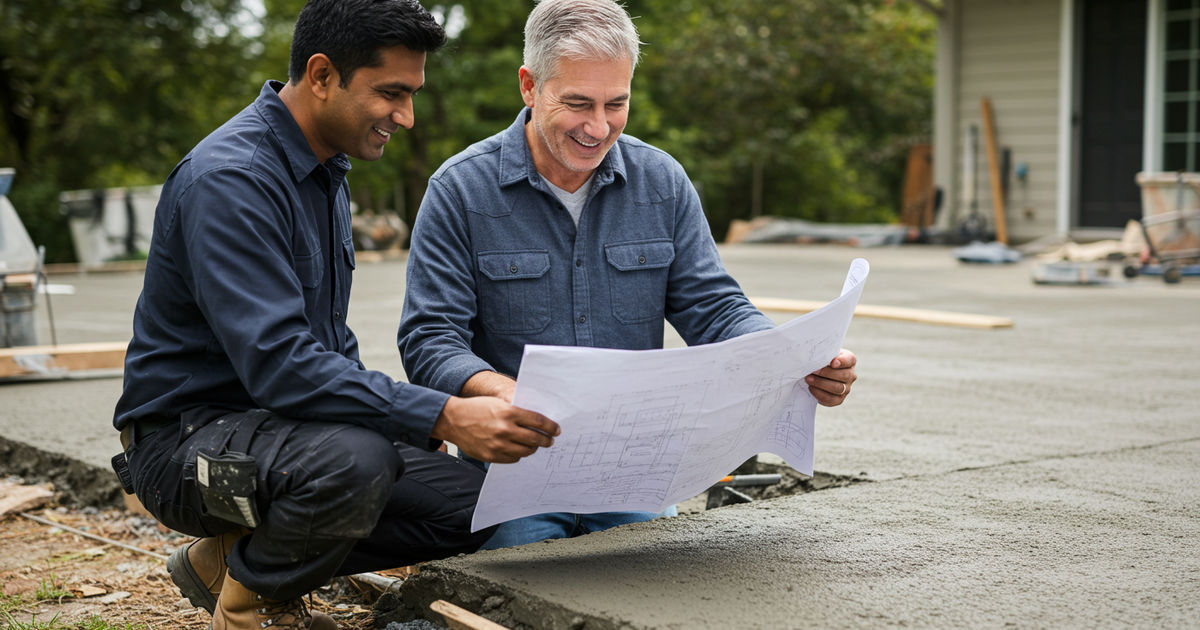 A St. Louis concrete contractor and homeowner reviewing plans beside a fresh pour