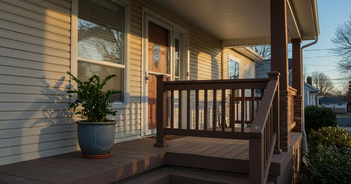 A well-kept home porch with a sturdy handrail in warm light — senior home repair help in St. Louis