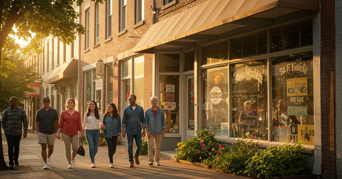 Neighbors walking past a friendly local shop in a St. Louis neighborhood on a sunny day