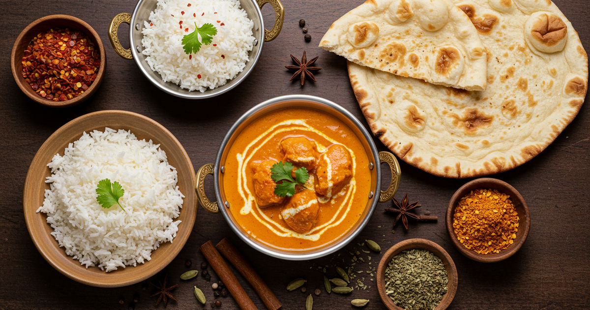 Butter chicken curry with fresh naan bread and basmati rice