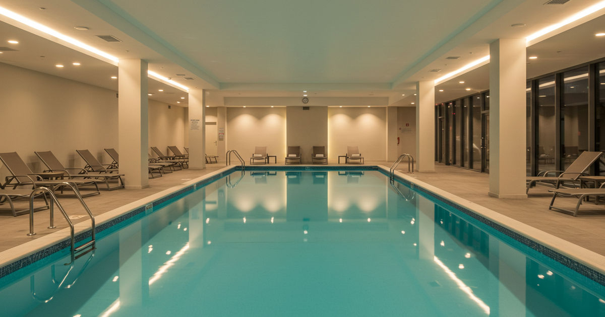 A clean modern hotel indoor swimming pool with warm lighting