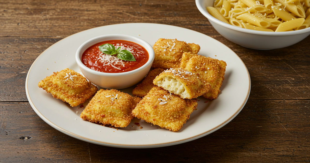 A plate of St. Louis toasted ravioli with marinara alongside pasta