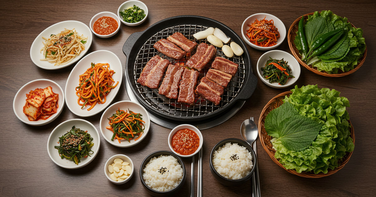 A Korean BBQ spread of marinated meats and banchan side dishes