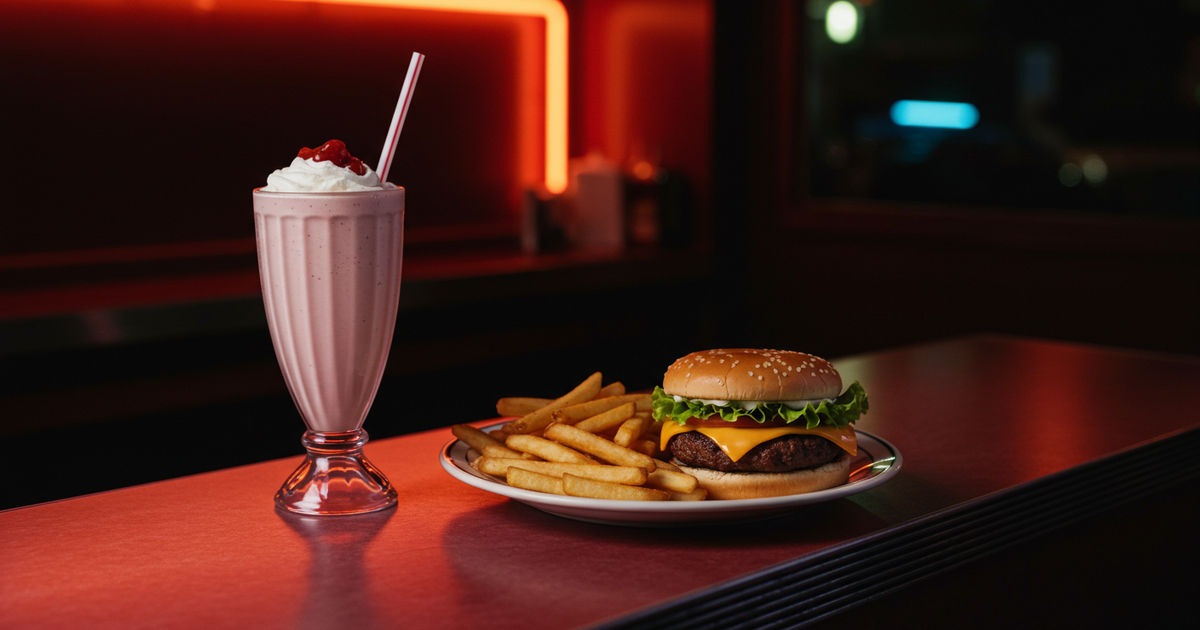 A late-night diner plate with a burger, fries, and a milkshake under neon light