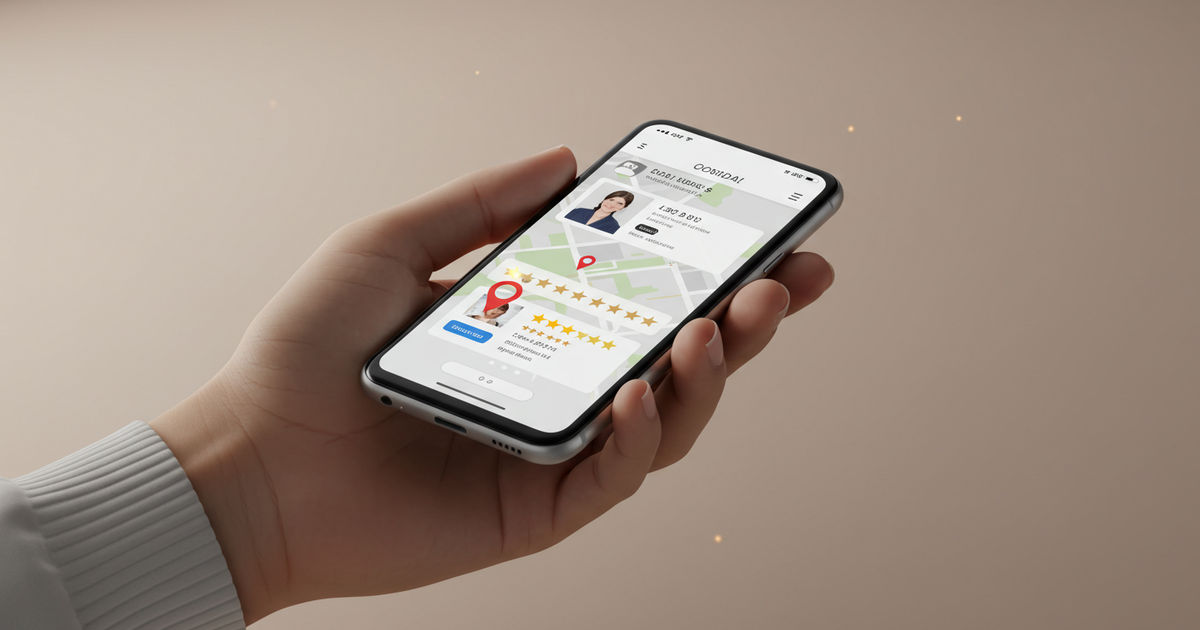 A hand holding a smartphone showing a local business profile with reviews and a map pin