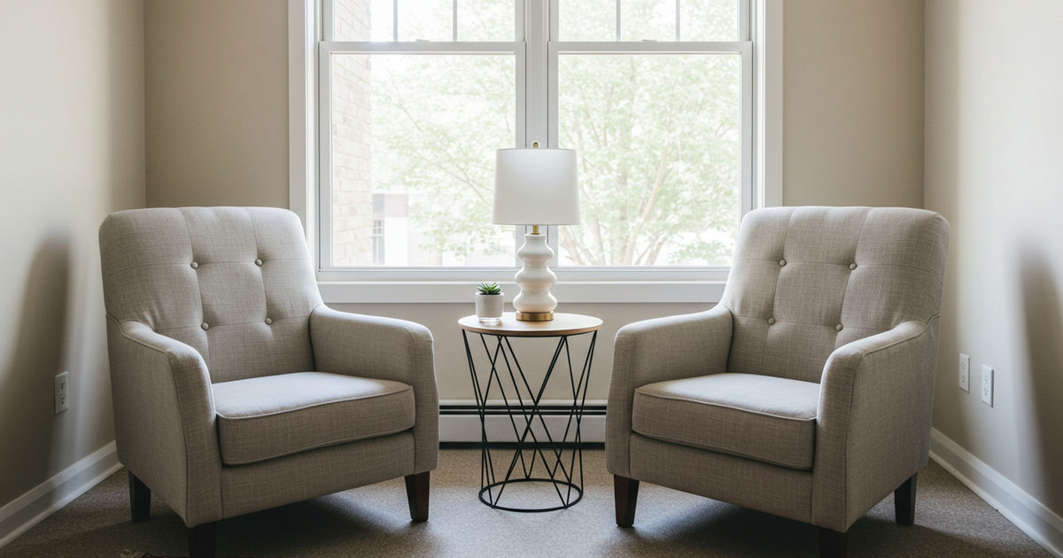 Two comfortable armchairs by a bright window — a safe, welcoming counseling space in St. Louis