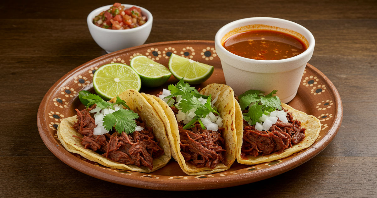 Authentic Mexican street tacos and birria with consomme for dipping