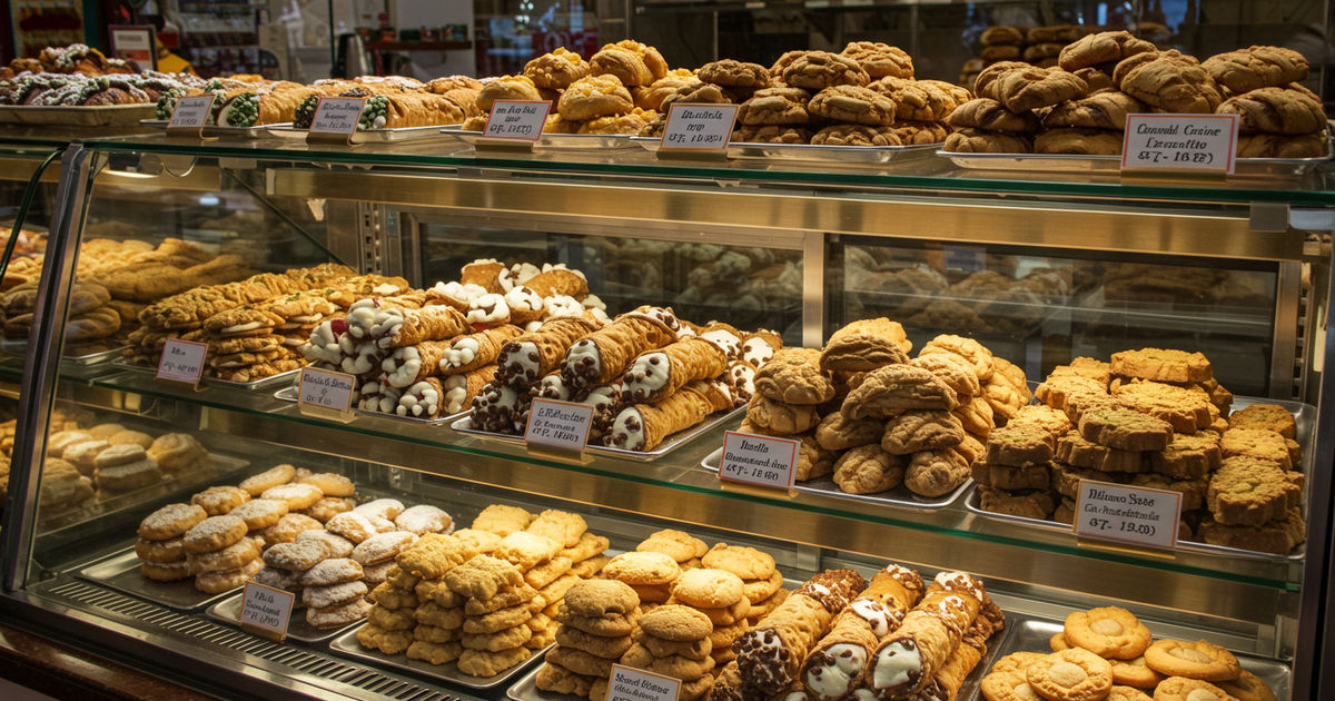 A display case of traditional Italian pastries and cookies at a St. Louis bakery