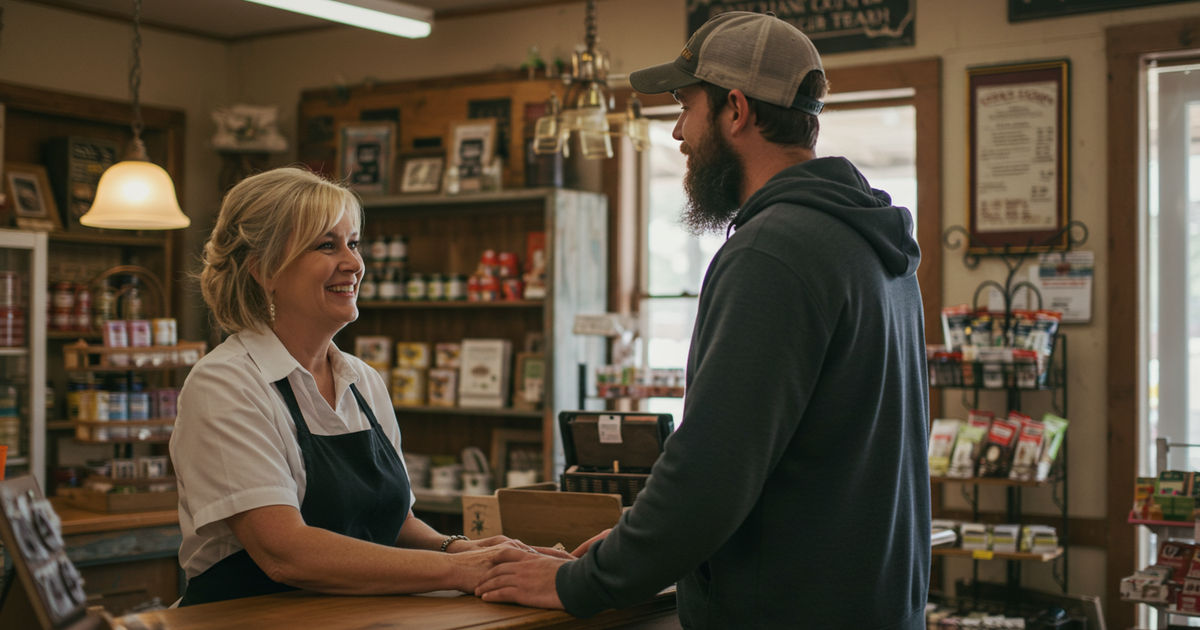 A welcoming small-town Missouri Main Street shop with the owner standing proudly out front