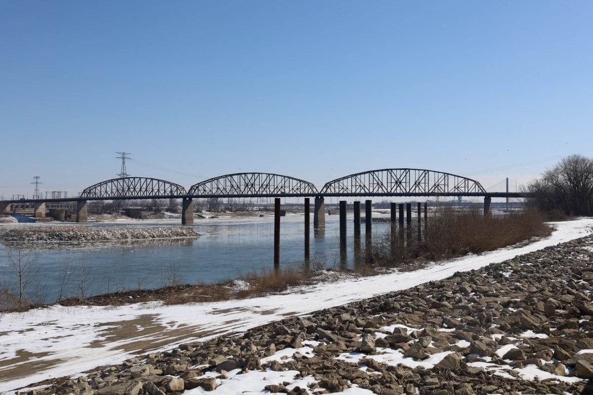 The McKinley Bridge crossing the Mississippi River at the Near North Riverfront in north St. Louis