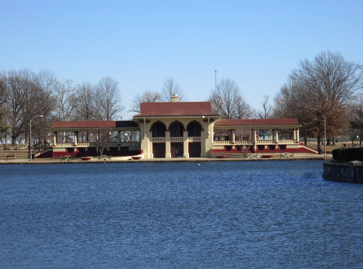 The historic boathouse on the lake at O'Fallon Park in the O'Fallon neighborhood of north St. Louis