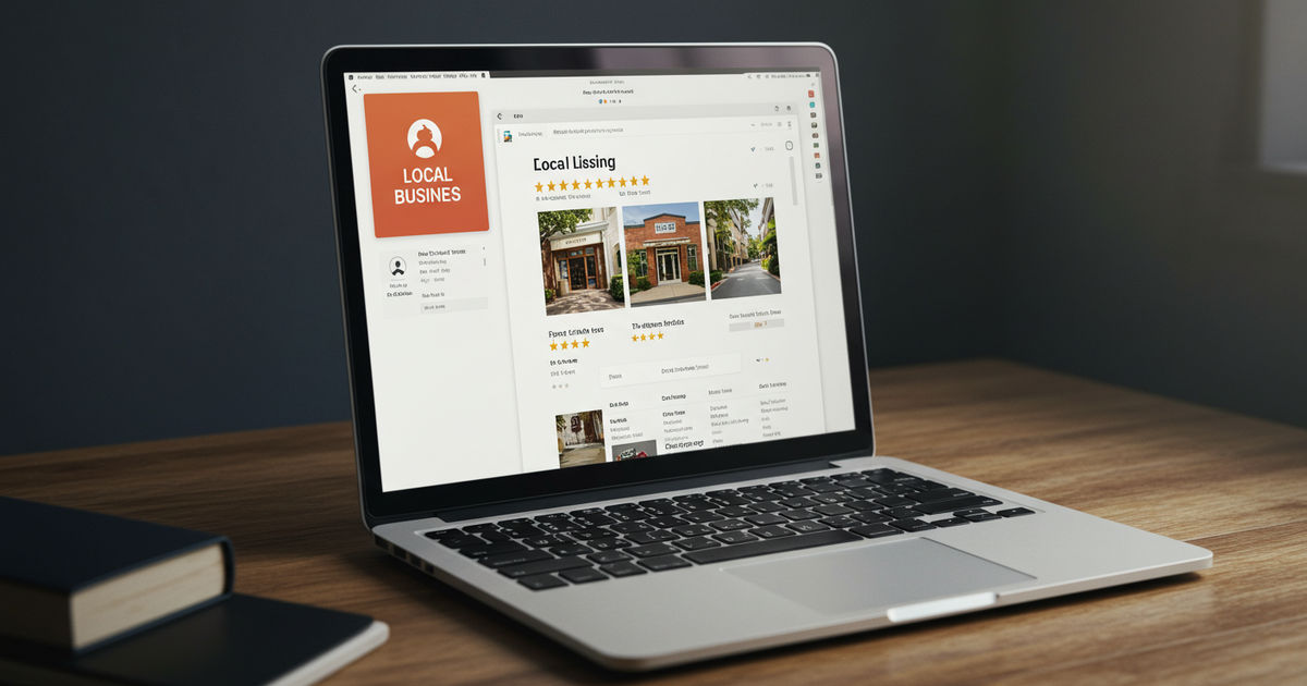 A complete, polished local business listing on a laptop with photos, hours, and star reviews
