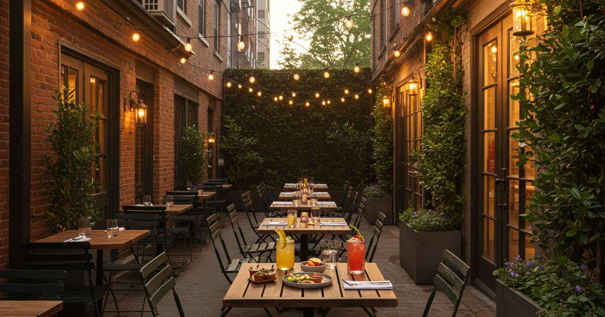 A string-lit restaurant patio with greenery at golden hour in St. Louis