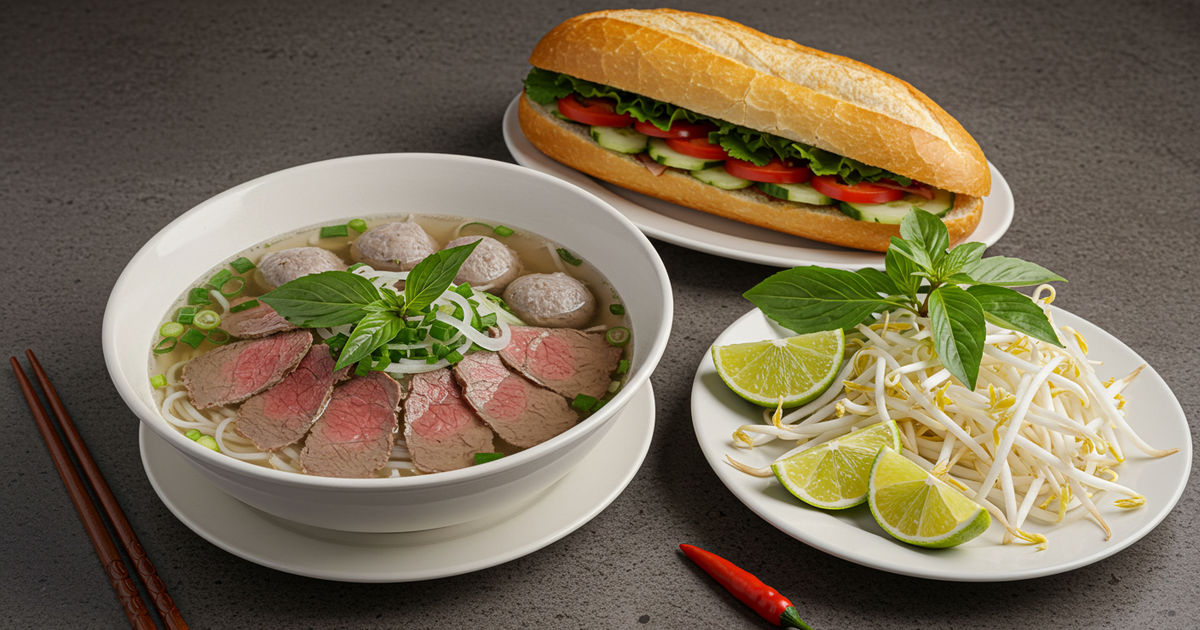 A bowl of Vietnamese pho with fresh herbs, bean sprouts, and a banh mi