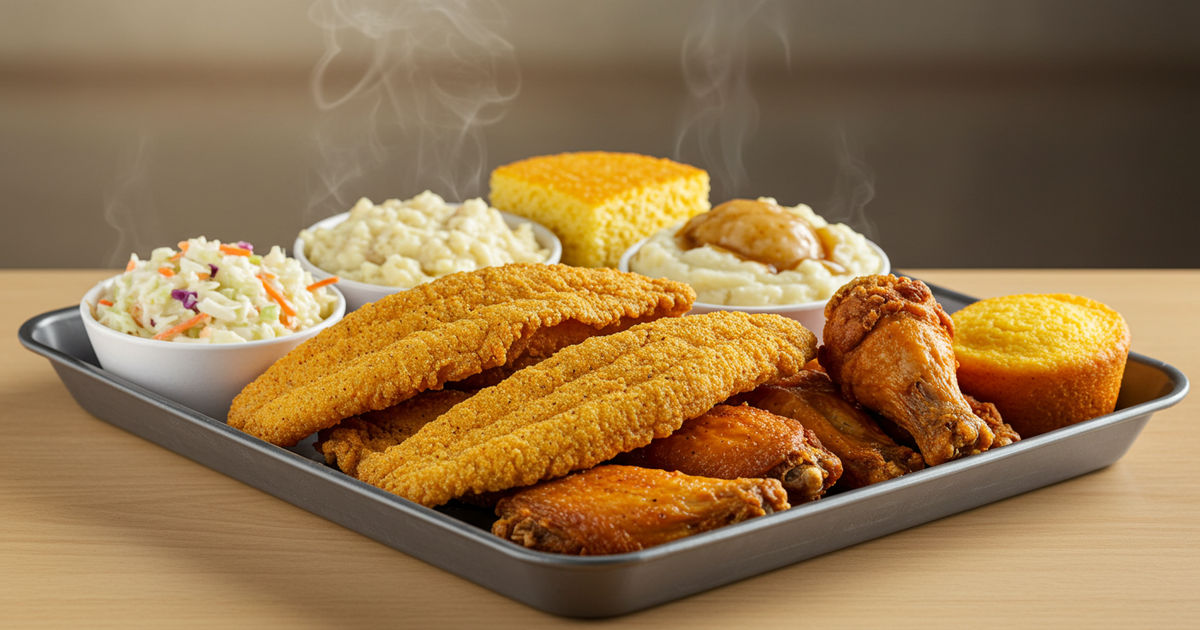 A takeout tray of golden fried catfish and chicken wings with sides