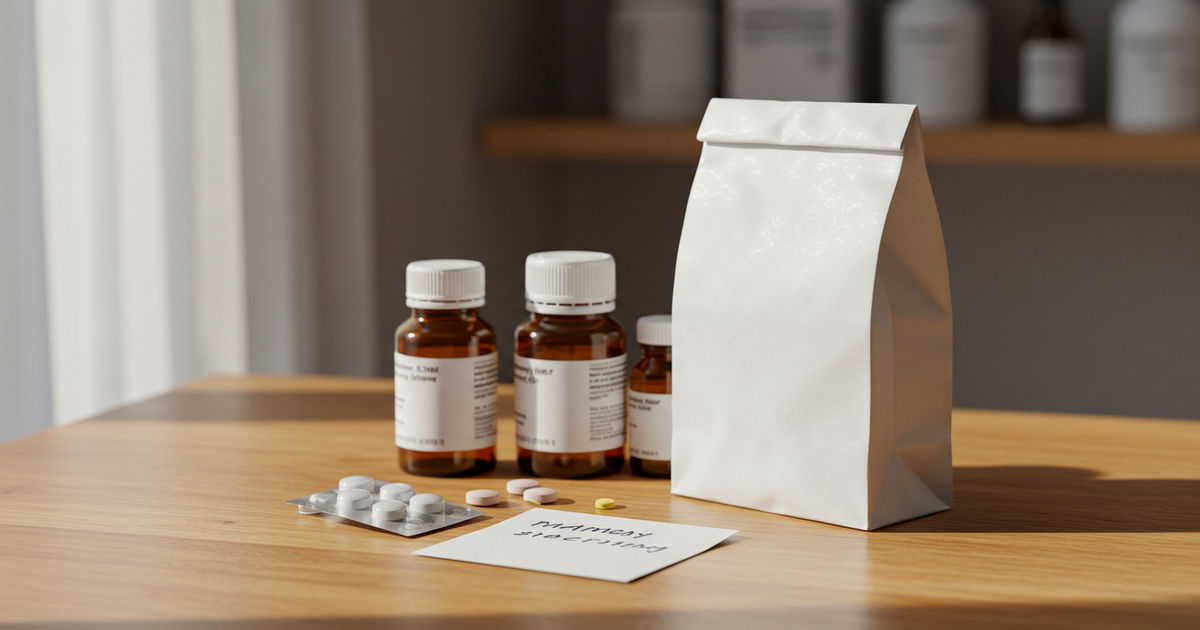 A white pharmacy bag beside generic prescription bottles on a counter &mdash; affordable prescription help in St. Louis