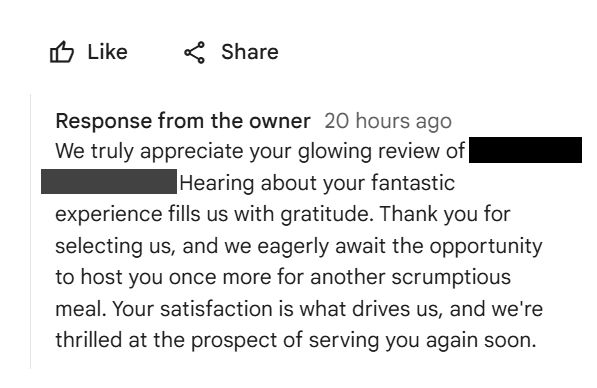 A Google Business Profile owner response thanking a customer for a glowing review, sent about an hour after a four-star review that described the restaurant as a typical strip mall location