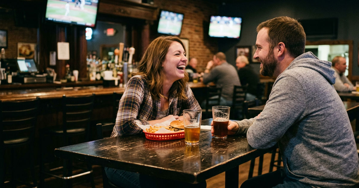 Friends sharing burgers and draft beer at a high-top table in a casual Chesterfield bar and grill