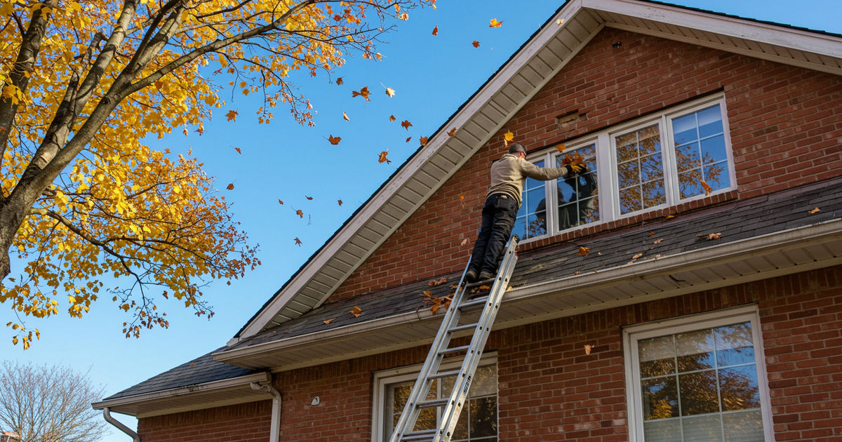 A homeowner cleaning autumn leaves from the gutter of a St. Louis brick home