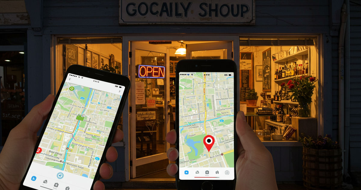 A local shop with a glowing open sign and a smartphone showing a map listing