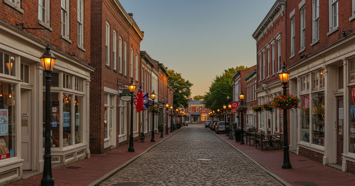 The historic cobblestone Main Street district in St. Charles with gas lamps and brick storefronts