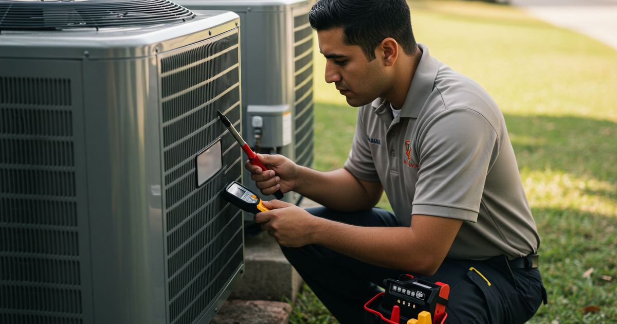 An HVAC technician servicing an outdoor AC condenser at a St. Louis home