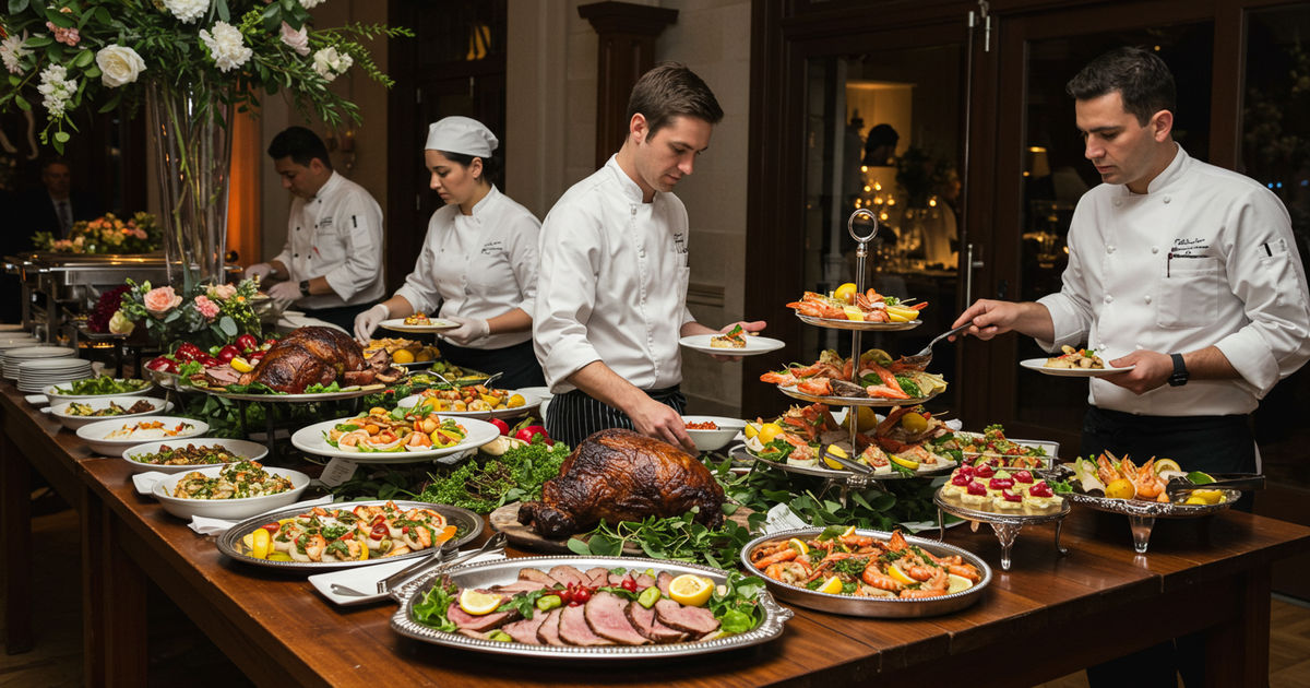 A catering team plating gourmet dishes at a wedding buffet station in St. Louis