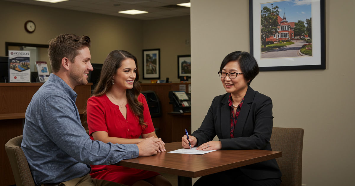 A young couple reviewing finances with a friendly loan officer at a St. Louis credit union