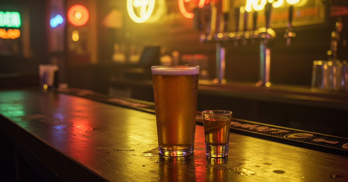 A cold draft beer beside a shot glass on a well-worn dive bar counter with warm neon glow