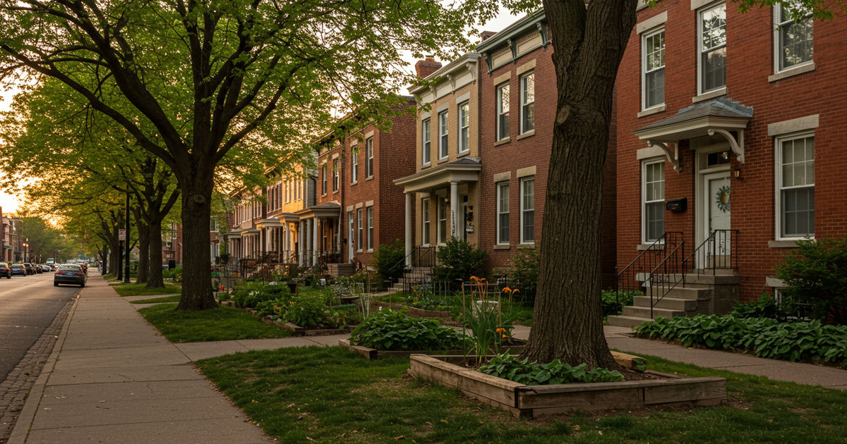 A tree-lined St. Louis residential street with historic brick homes and a community garden