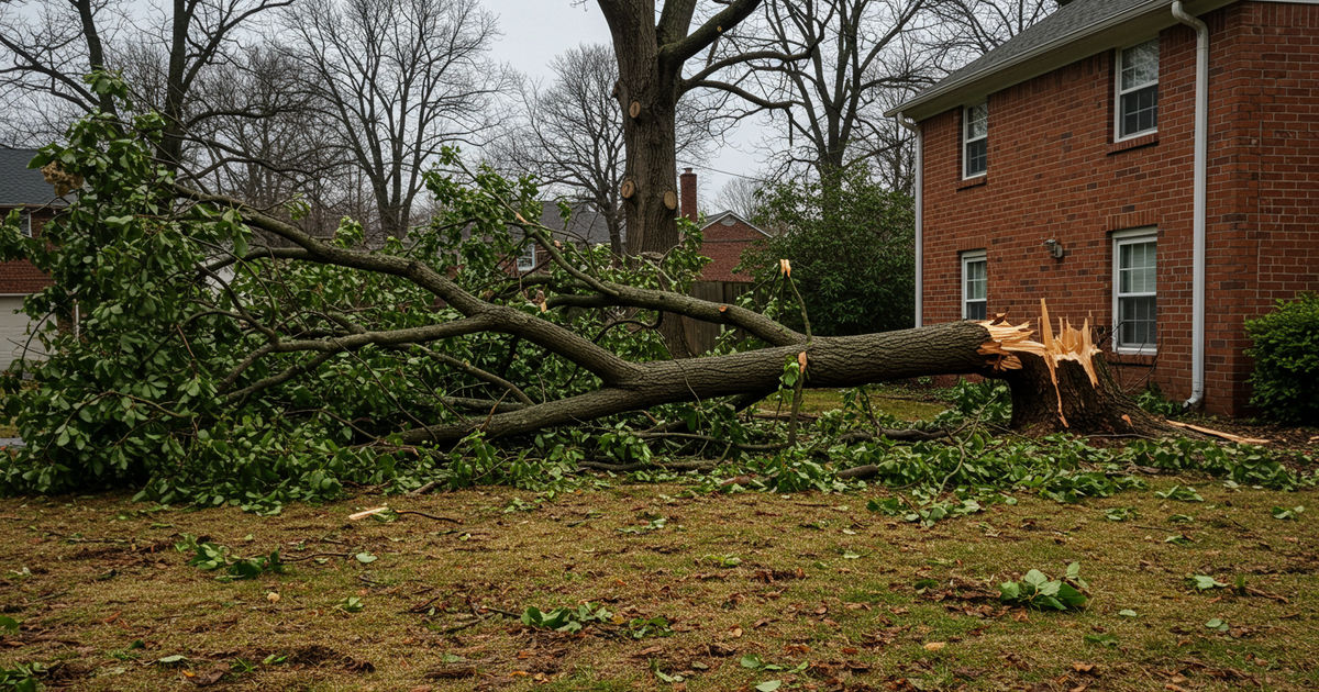A large tree limb fallen across a residential yard after a St. Louis storm