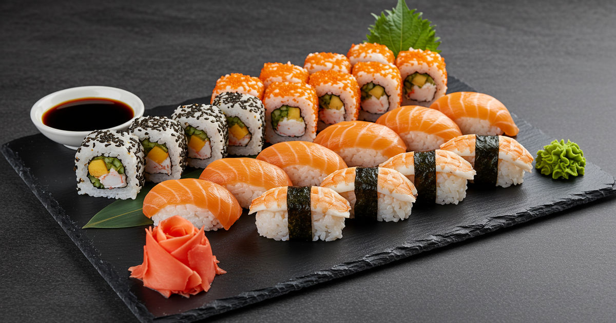 An assortment of fresh sushi rolls and nigiri with ginger and wasabi