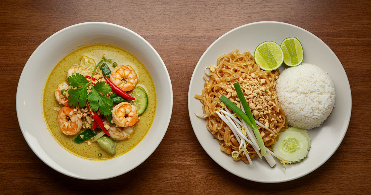 Thai green curry and pad thai with lime and peanuts over jasmine rice