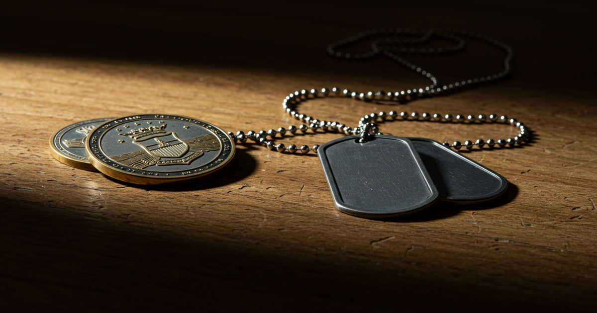 Military dog tags and a challenge coin on a wooden table &mdash; veterans benefits help in St. Louis