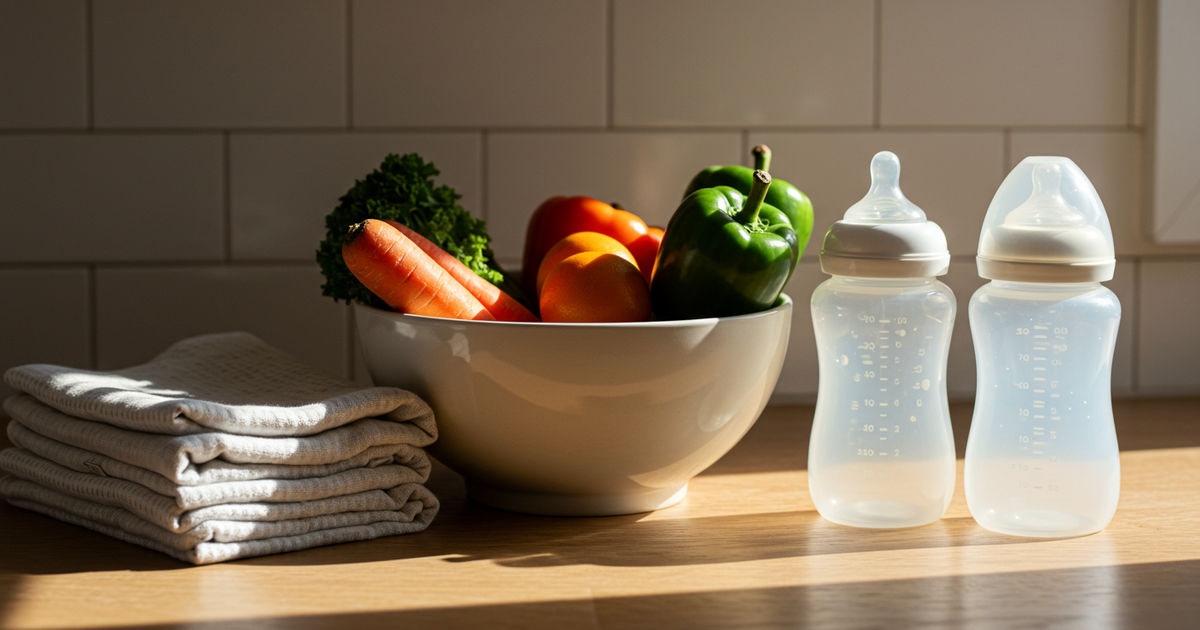 Fresh produce and a baby bottle on a kitchen counter &mdash; WIC nutrition help in St. Louis