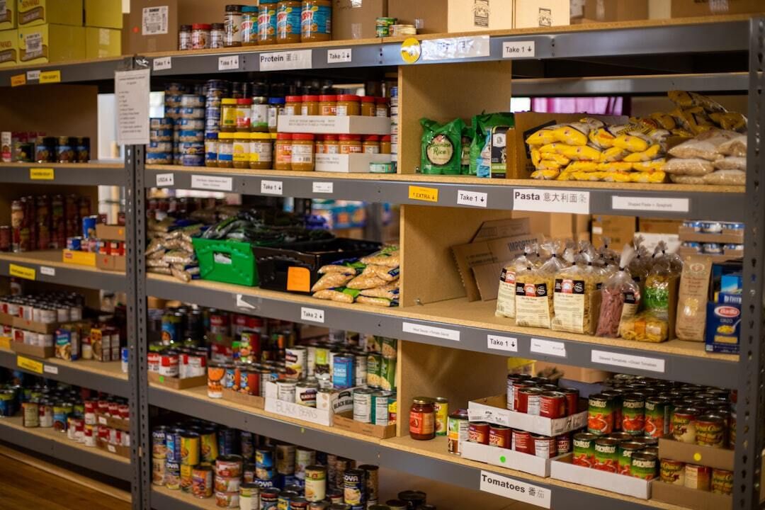 shelves filled with non perishable food items