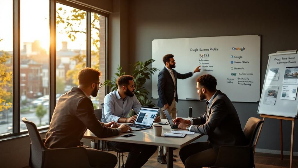 four men discussing a whiteboard