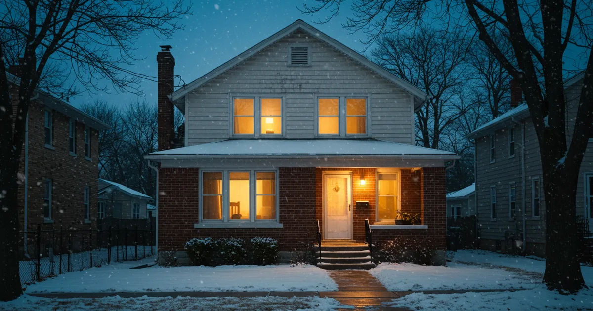 A St. Louis brick home glowing with warm light on a snowy winter evening, representing utility assistance that helps families keep the heat on