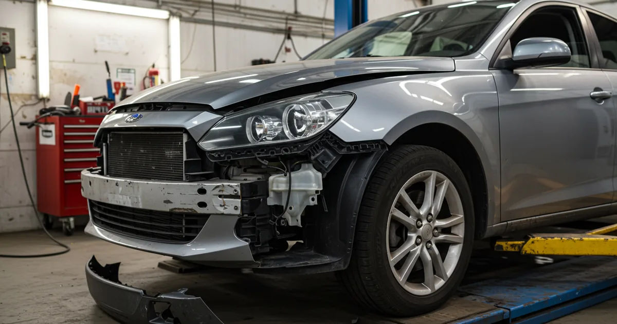 A damaged front fender and bumper on a vehicle raised in a body shop bay