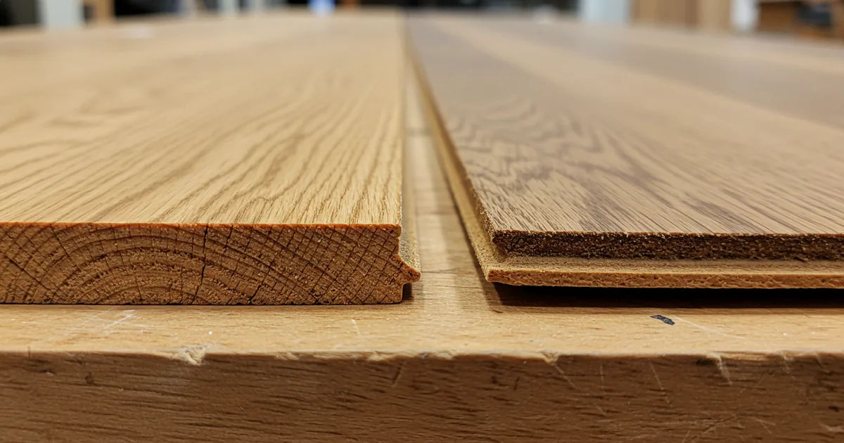 A thick solid oak plank beside a thin laminate plank, cut edges facing the camera, showing the difference in thickness