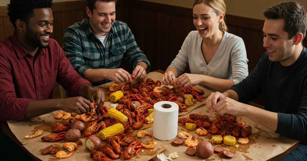 Four friends around a paper-covered table cracking crawfish and shrimp at a St. Louis seafood boil