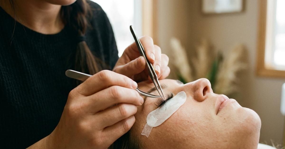 A close view of a single lash extension being placed onto one natural lash with fine tweezers during a fill appointment.