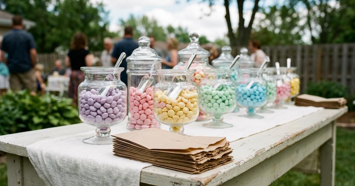 A long white party table lined with glass apothecary jars of pastel candy, metal scoops resting in each jar, and a stack of paper favor bags at the front edge