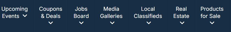St Louis Near Me Directory main menu showing Upcoming Events, Coupons and Deals, Jobs Board, Media Galleries, Local Classifieds, Real Estate, Products for Sale